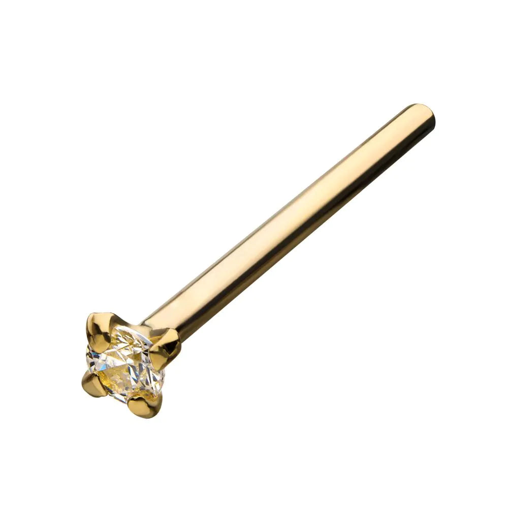 14Kt Solid Yellow Gold Nose Pin with 2mm Prong Set Clear CZ on Top