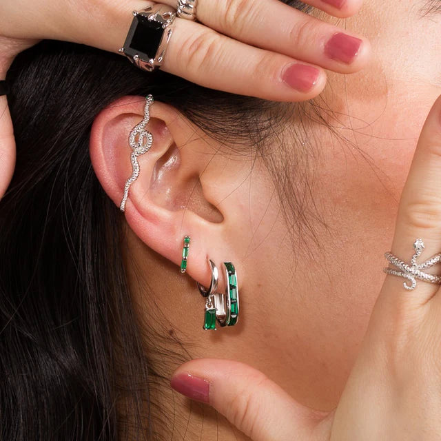 Green Baguette Charm Hoop Earrings
