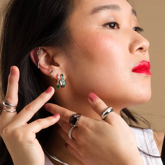 Green Baguette Charm Hoop Earrings