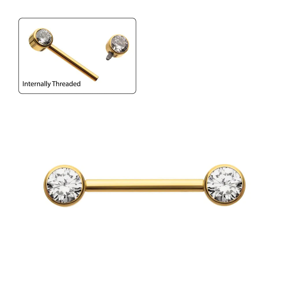 25k Gold Internally Threaded Bezel Set Gem End Nipple Barbell (One Side Fixed, One Side Internally Threaded ) | Sold by piece