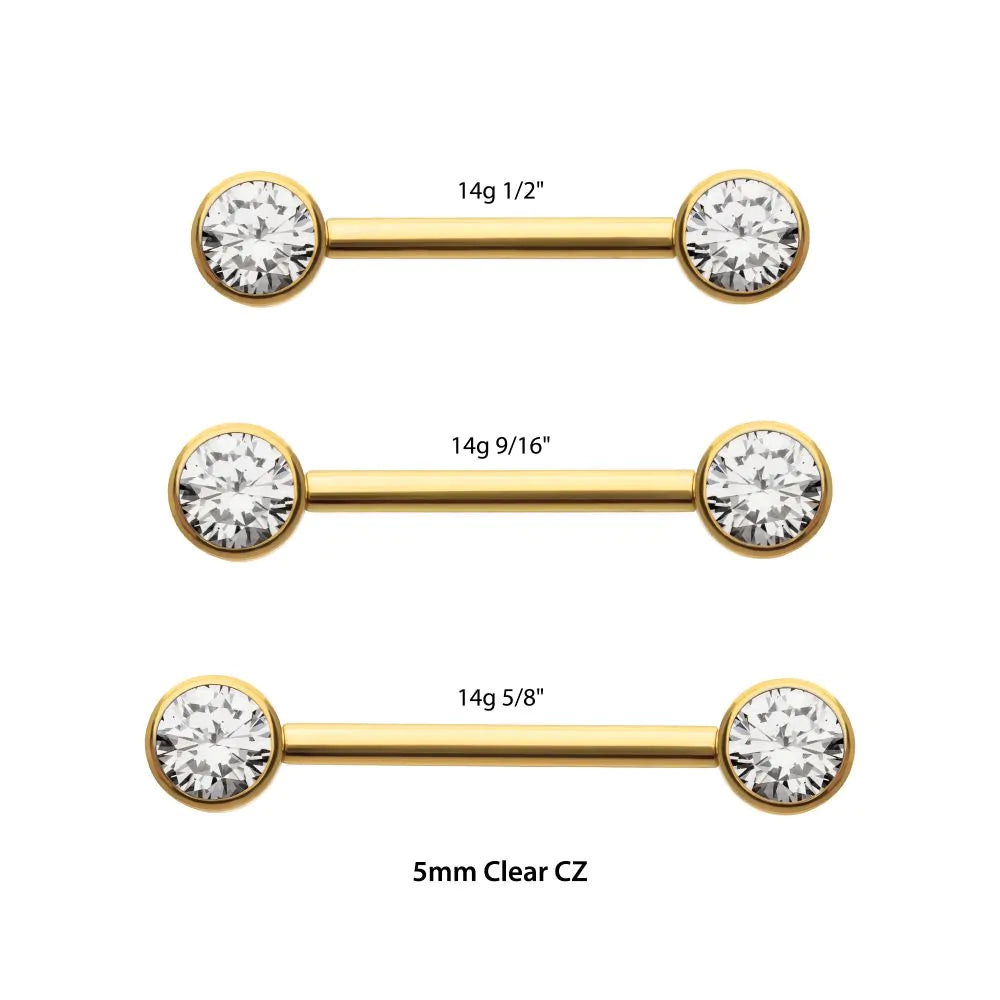 25k Gold Internally Threaded Bezel Set Gem End Nipple Barbell (One Side Fixed, One Side Internally Threaded ) | Sold by piece