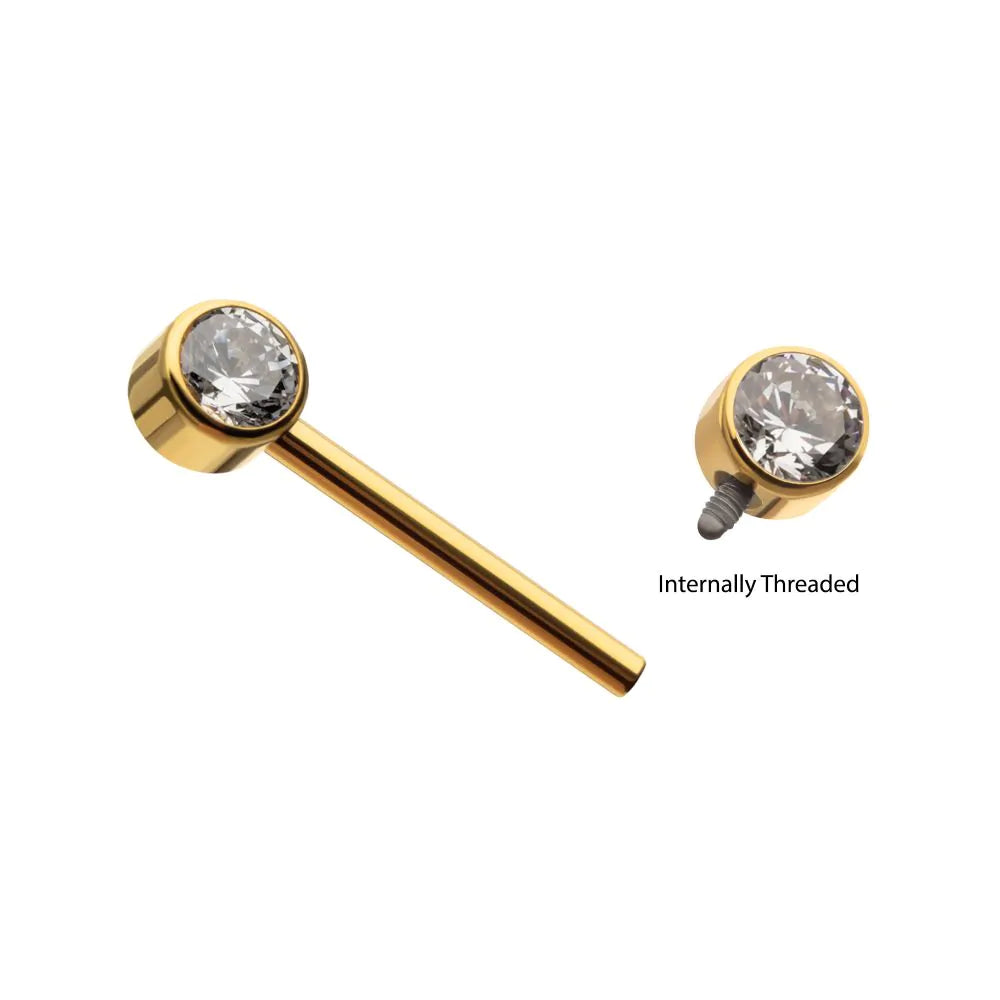 25k Gold Internally Threaded Bezel Set Gem End Nipple Barbell (One Side Fixed, One Side Internally Threaded ) | Sold by piece