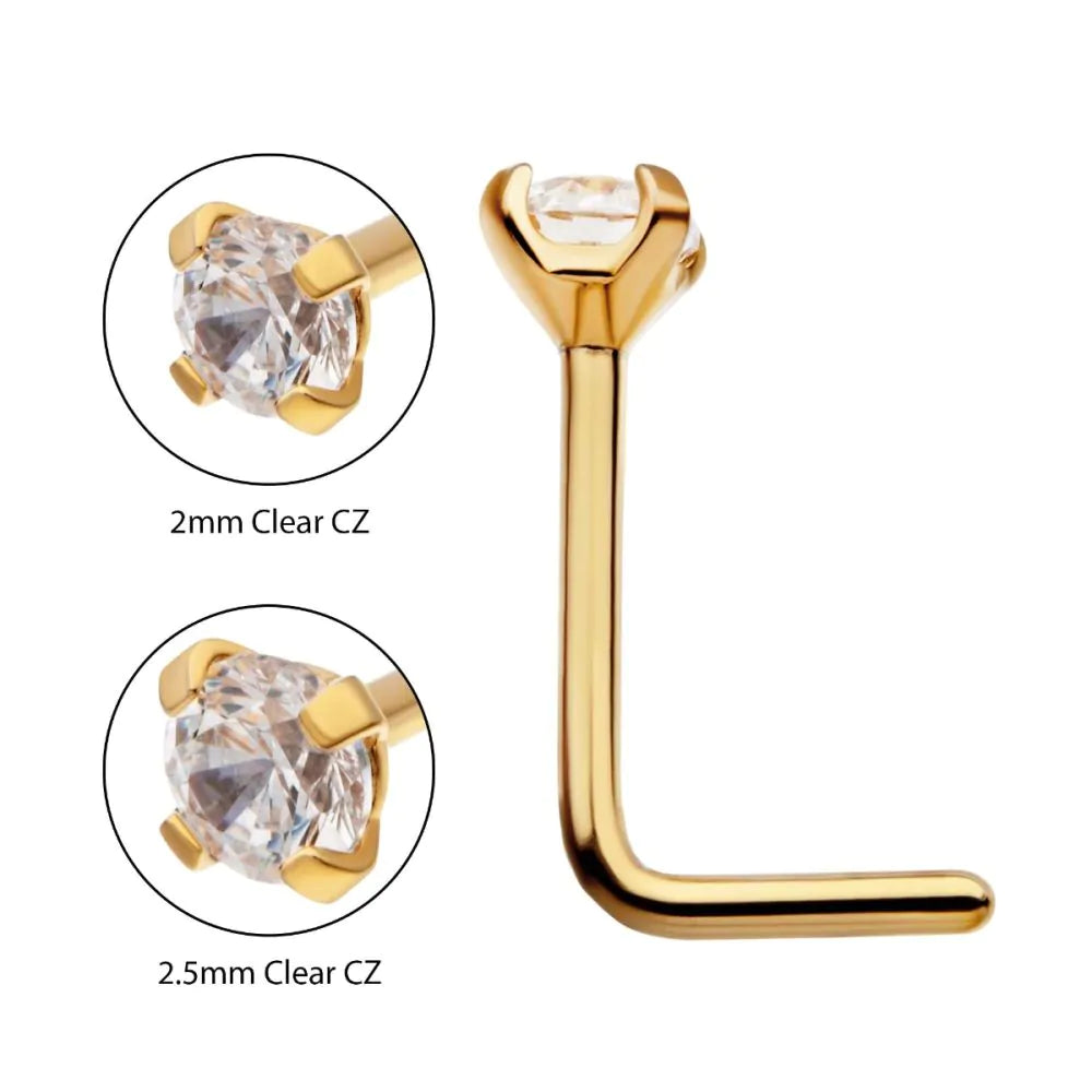 24K Gold L shape nose stud claw crystal