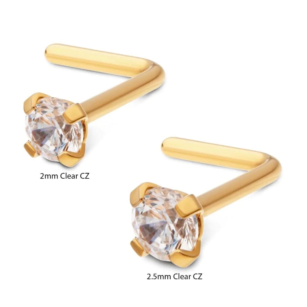 24K Gold L shape nose stud claw crystal