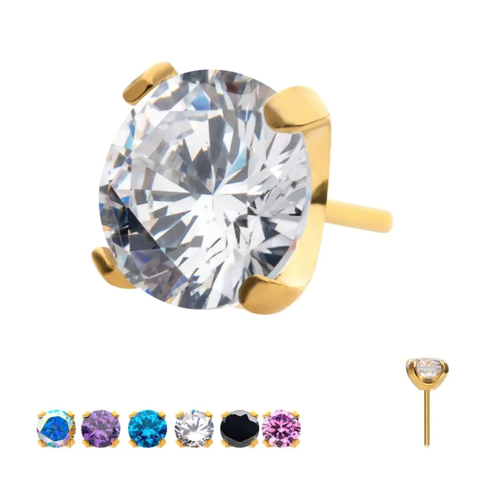 24KT Gold PVD Titanium Threadless Low Profile 4-Prong Round Gem Top
