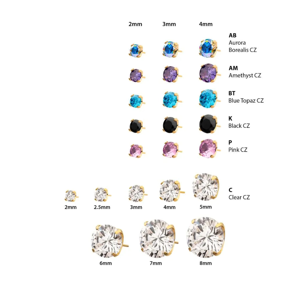 24KT Gold PVD Titanium Threadless Low Profile 4-Prong Round Gem Top