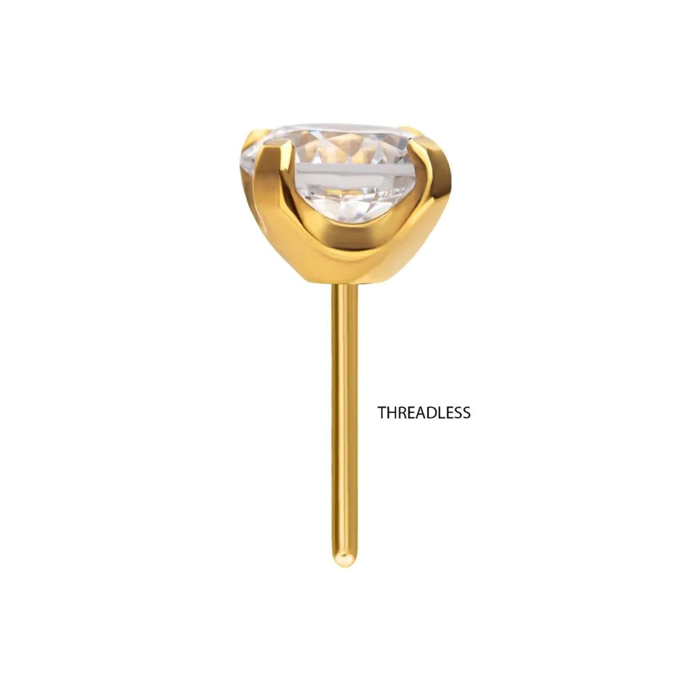 24KT Gold PVD Titanium Threadless Low Profile 4-Prong Round Gem Top
