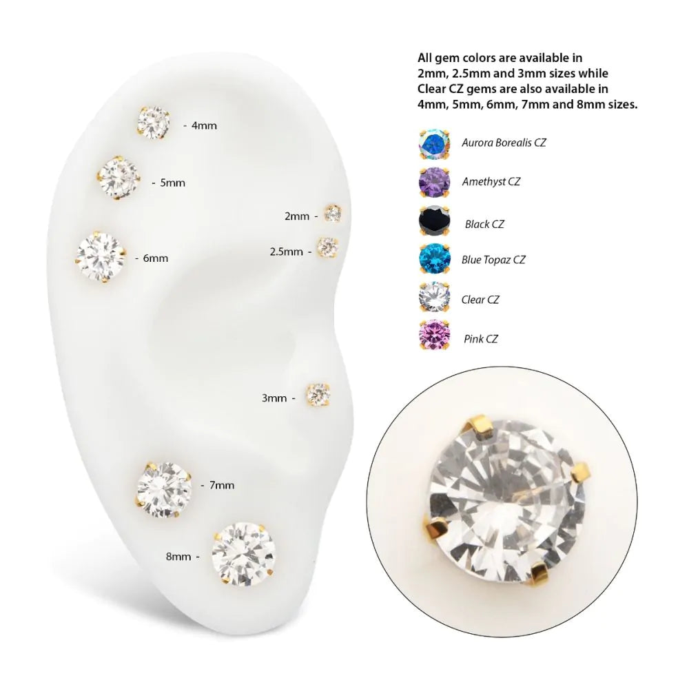 24KT Gold PVD Titanium Threadless Low Profile 4-Prong Round Gem Top