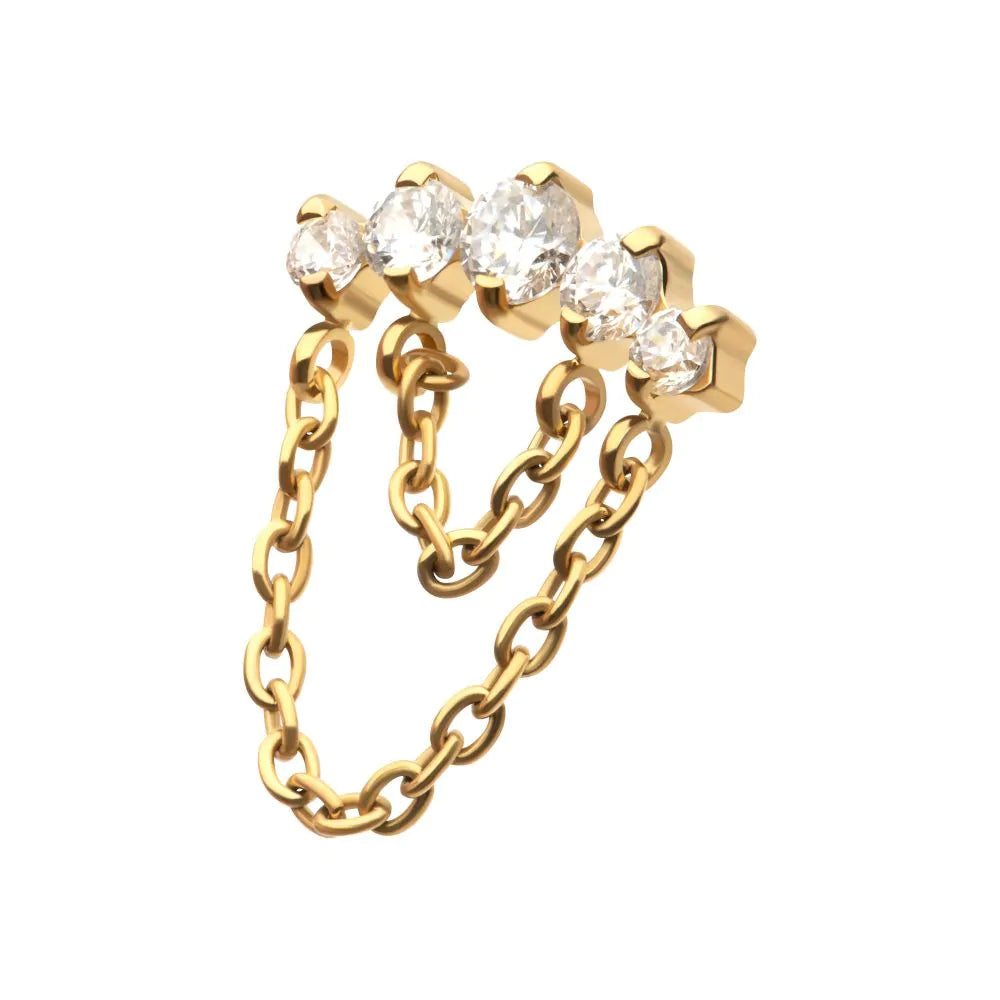 24Kt Gold PVD Titanium Threadless 5-Cluster Round AAA CZ Top with 2 Tier Dangle Chain