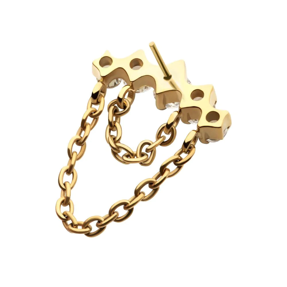 24Kt Gold PVD Titanium Threadless 5-Cluster Round AAA CZ Top with 2 Tier Dangle Chain