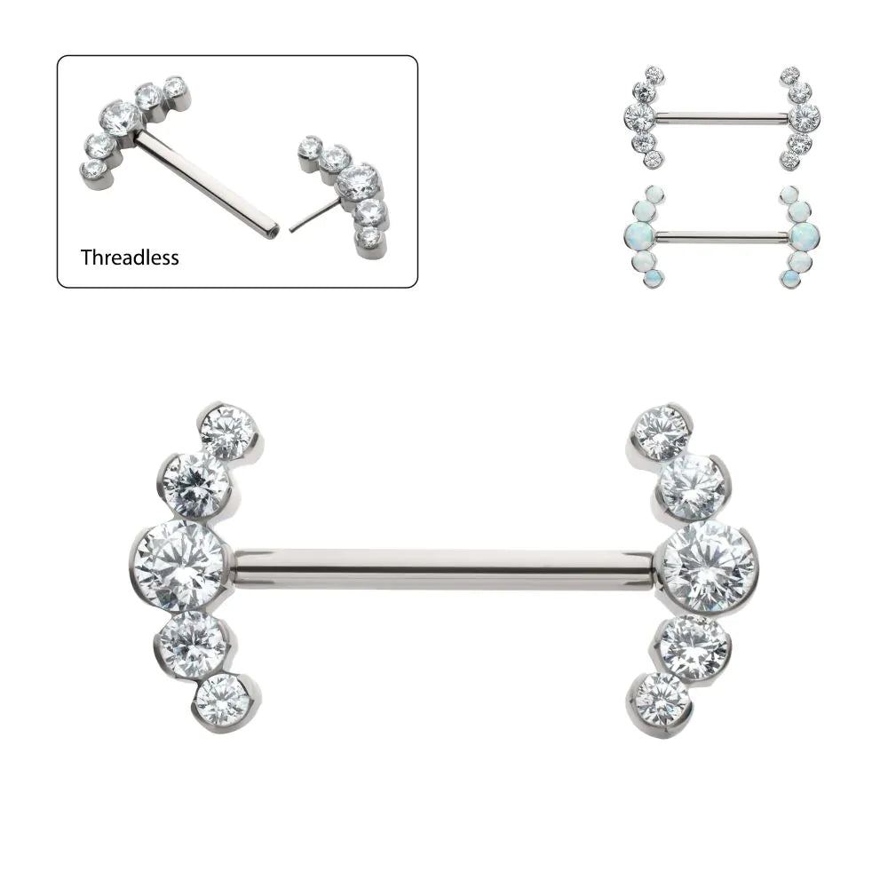 Titanium Semi-Bezel Set Round Opal 5-Cluster End Nipple Barbell (One Side Fixed, One Side Threadless ) | Sold by piece