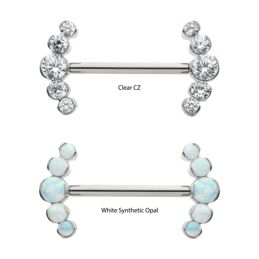 Titanium Semi-Bezel Set Round Opal 5-Cluster End Nipple Barbell (One Side Fixed, One Side Threadless ) | Sold by piece