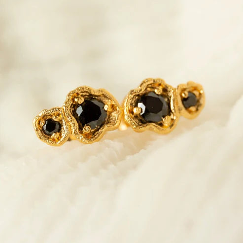 Black Spinel Gold Climber Stud Earrings