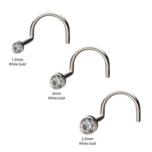 14k Solid White Gold nose screw 1.5mm bezel crystal