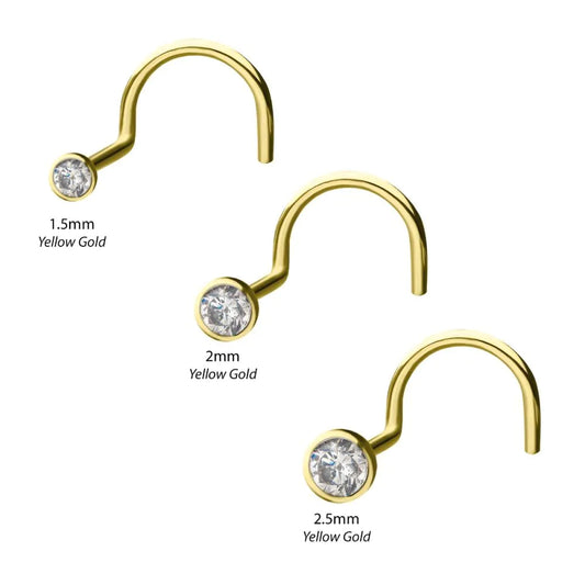 14k Solid Yellow Gold nose screw 1.5mm bezel crystal