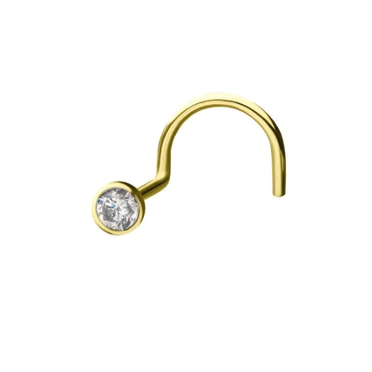 14kt Gold Nose Screw Bezel Set Clear Crystal Gem Top