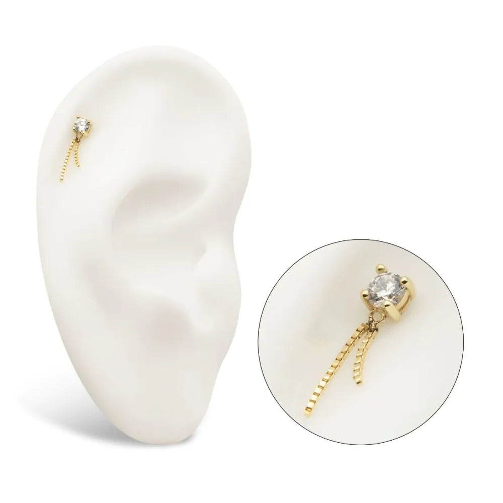 14Kt Gold Threadless Crystal Top Dangle Double Box Chain