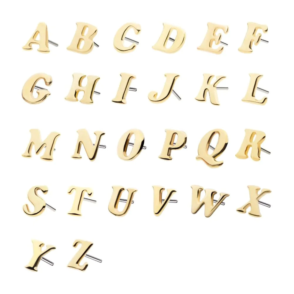 14Kt Yellow Gold Threadless Cooper Black Italic Letter Tops