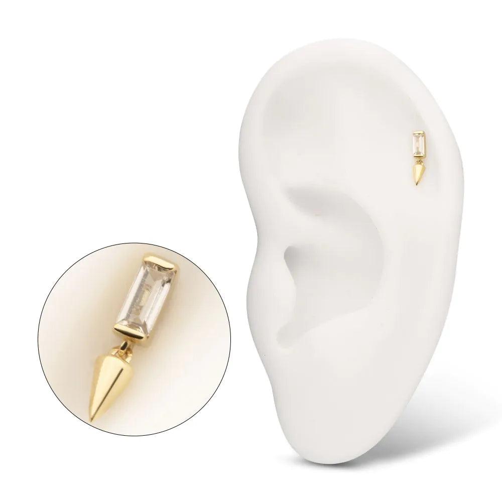 14Kt Gold Threadless Bezel Baguette Gem Top Spike Dangle