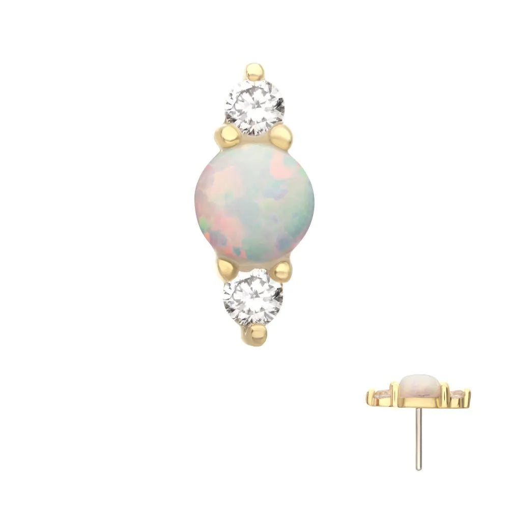 14Kt Yellow Gold Threadless White Opal &amp; Clear Crystal Gem Cluster Top