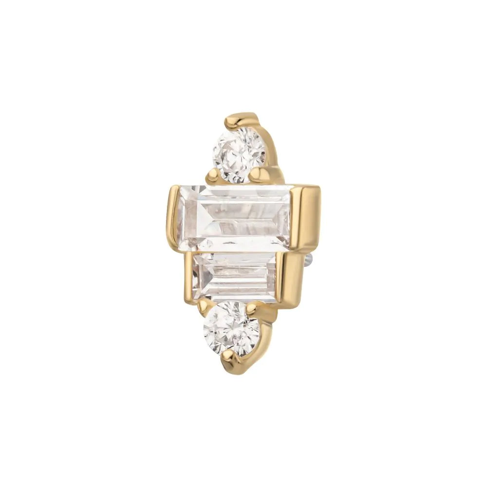 14Kt Gold Threadless 3D Geometric Baguette &amp; Round Gem Top