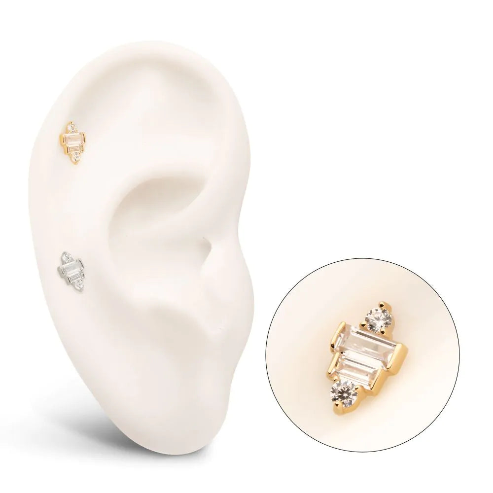 14Kt Gold Threadless 3D Geometric Baguette &amp; Round Gem Top