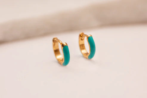 Teal Enamel Gold Huggie Hoops