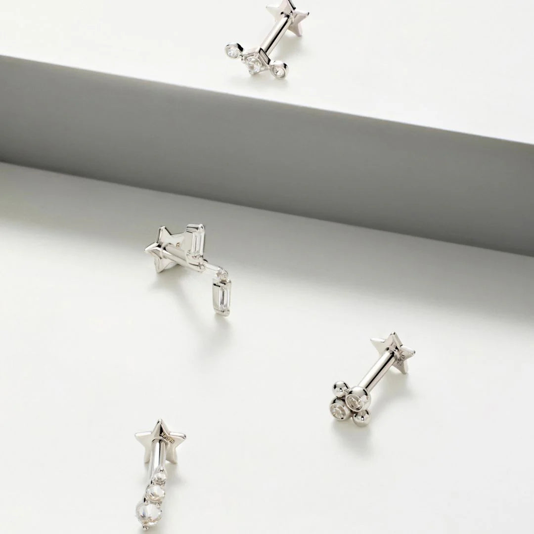 Elena 9k Solid White Gold Graduating Crystal Trio Flat Back Stud Earring