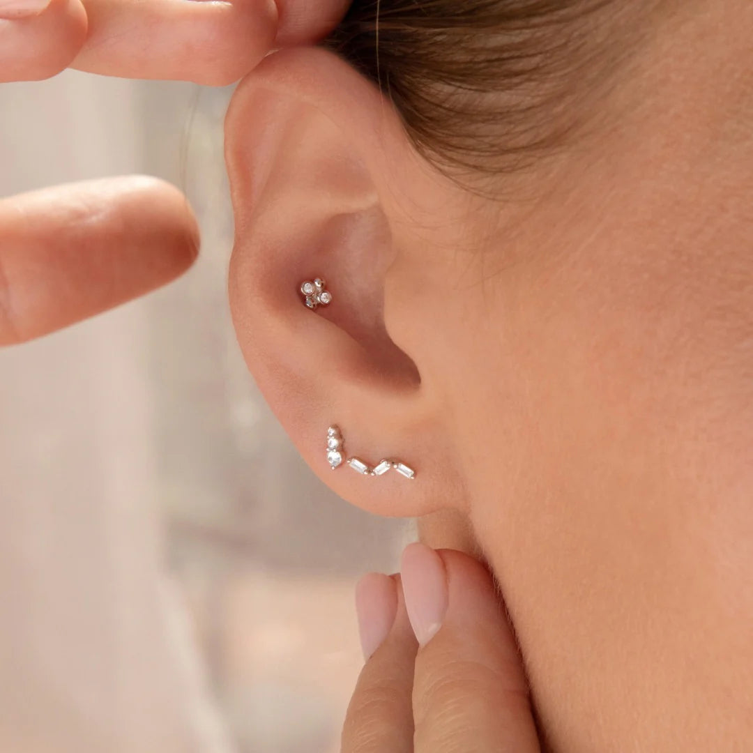 Elena 9k Solid White Gold Graduating Crystal Trio Flat Back Stud Earring