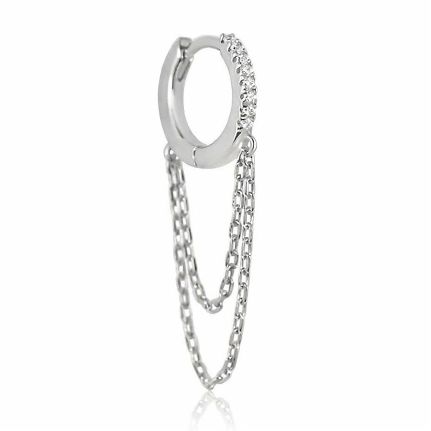 Silver NYX Double Chain Crystal Huggie Hoop
