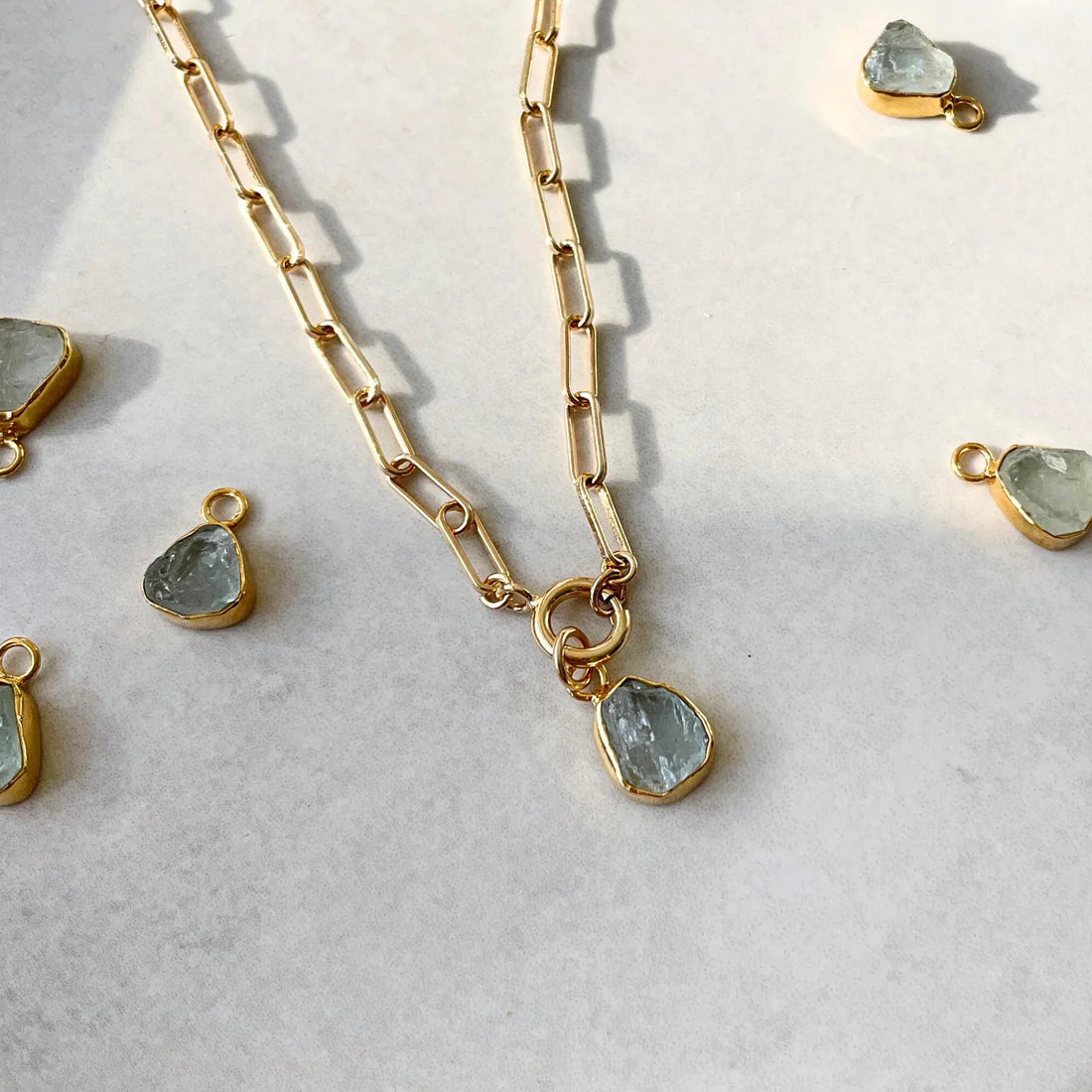 Aquamarine Carved Chunky Chain Necklace | Serenity (Gold Plated)Aquamarine