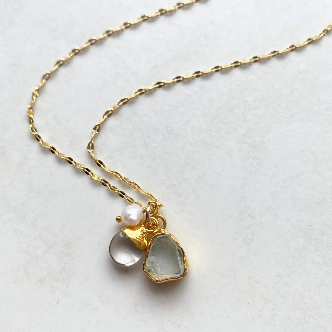 Aquamarine Carved Triple Necklace | Serenity, Healing, Calm (Gold Plated)