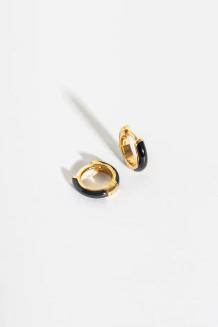 Black Enamel Gold Huggie Hoops
