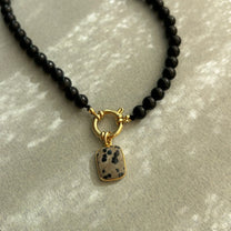 Black Obsidian Strand Necklace with Dalmatian Gem Slice (Gold)