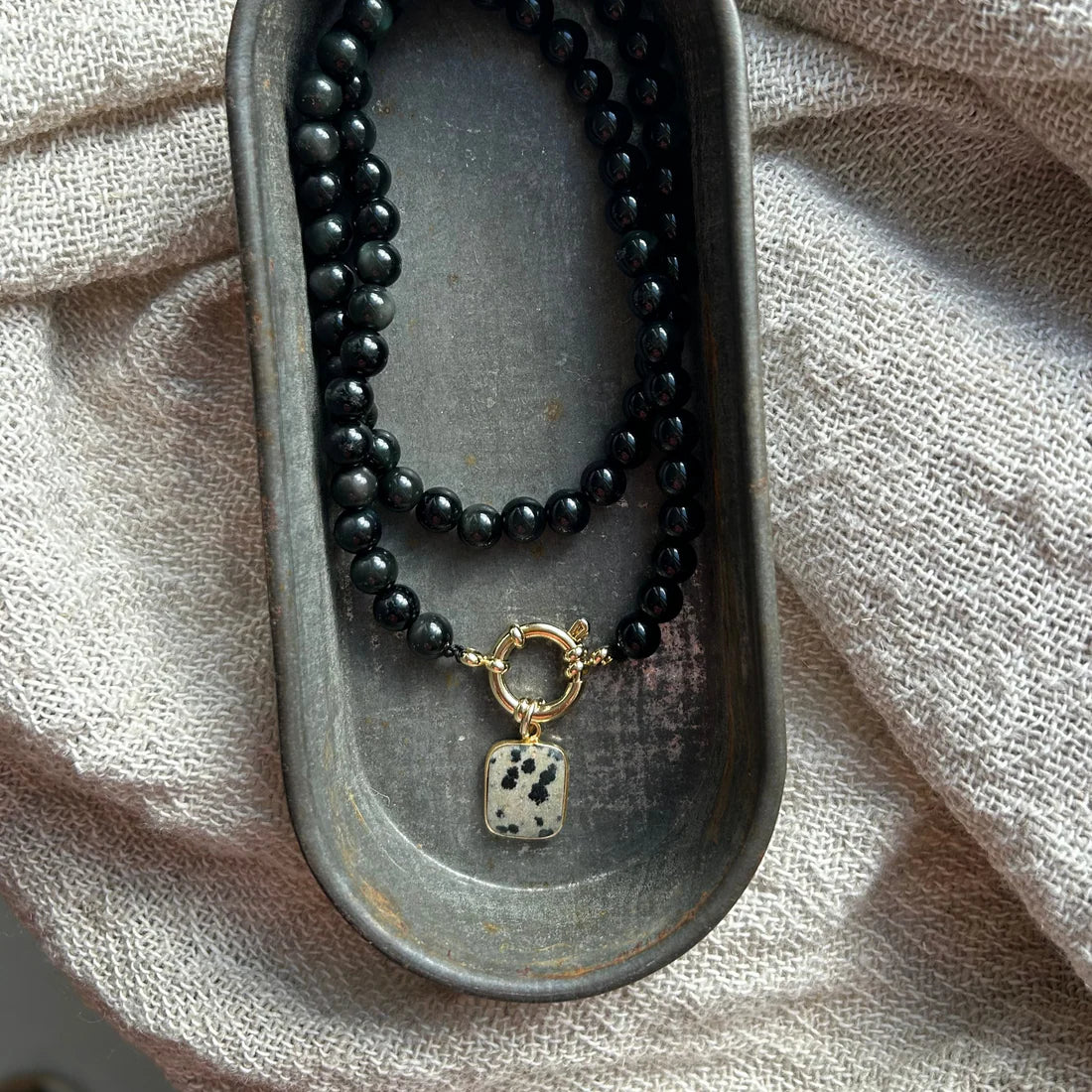 Black Obsidian Strand Necklace with Dalmatian Gem Slice (Gold)