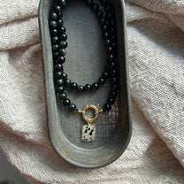 Black Obsidian Strand Necklace with Dalmatian Gem Slice (Gold)