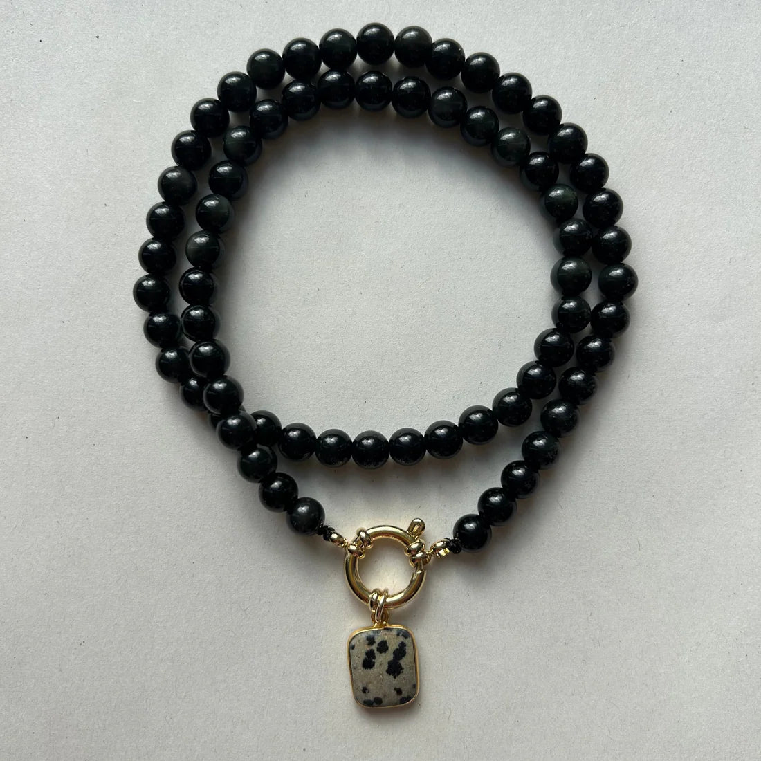Black Obsidian Strand Necklace with Dalmatian Gem Slice (Gold)