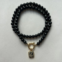 Black Obsidian Strand Necklace with Dalmatian Gem Slice (Gold)