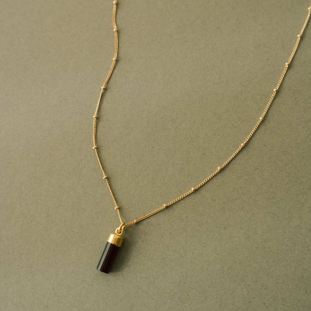 Black Onyx Wand Pendant Necklace | Protection (Gold)