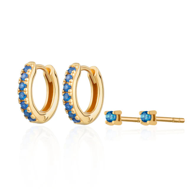 Huggie Earrings with Blue Stones & Tiny Stud Earrings