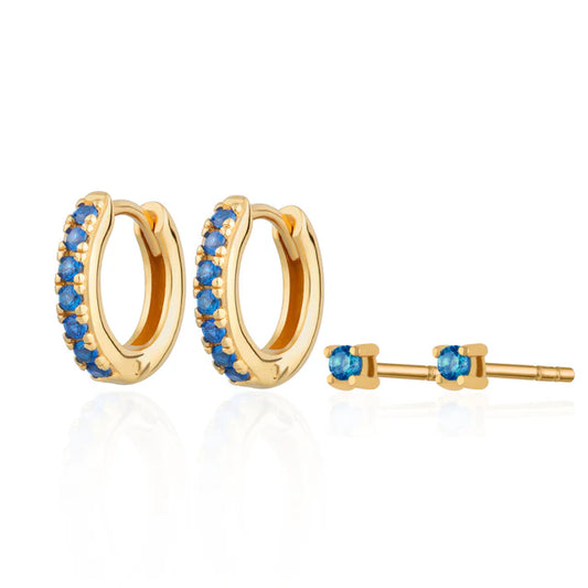 Huggie Earrings with Blue Stones & Tiny Stud Earrings