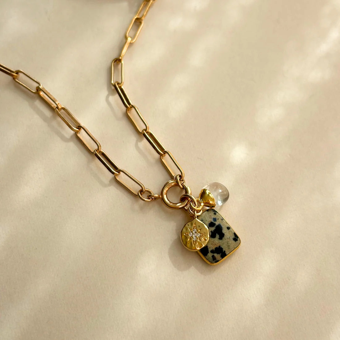 Dalmatian Gem Slice Triple Chunky Chain Necklace | Positivity (Gold Plated)