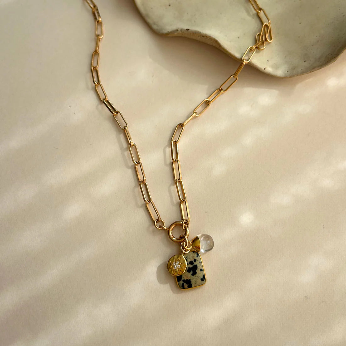 Dalmatian Gem Slice Triple Chunky Chain Necklace | Positivity (Gold Plated)