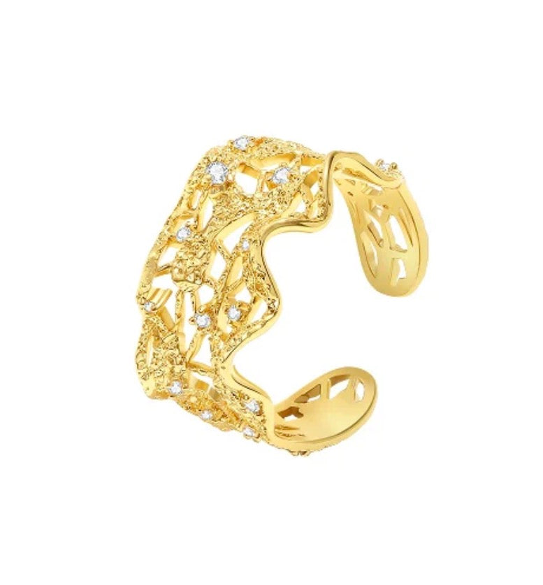 Medium Leavers Lace Ruffle Stacking Open Ring (Gold)