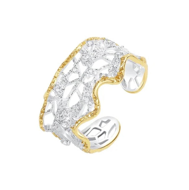 Medium Leavers Lace Ruffle Stacking Open Ring (Two tone)
