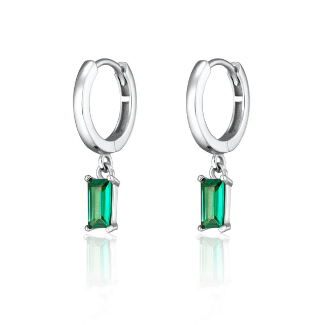Green Baguette Charm Hoop Earrings