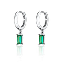 Silver Green Baguette Charm Hoop Earrings