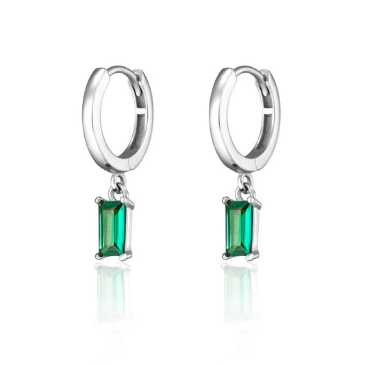 Green Baguette Charm Hoop Earrings