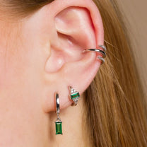 Silver Green Baguette Charm Hoop Earrings