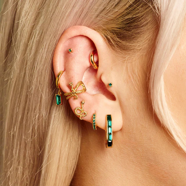 Gold Green Baguette Charm Hoop Earrings